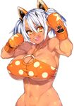  23_(real_xxiii) bikini blush boxing_gloves breasts covered_nipples earrings headgear highres jewelry large_breasts looking_at_viewer navel o-ring o-ring_bikini o-ring_top open_mouth orange_bikini original phantasy_star phantasy_star_online_2 polka_dot polka_dot_bikini short_hair short_twintails simple_background smile solo sweat swimsuit tongue tongue_out twintails white_background white_hair yellow_eyes 