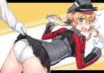  anchor_hair_ornament ass black_ribbon black_skirt blonde_hair blush commentary_request embarrassed from_behind gloves green_eyes hair_ornament hat highres iron_cross kantai_collection komase_(jkp423) leaning_forward lifted_by_another long_sleeves looking_back low_twintails microskirt military military_hat military_uniform open_mouth panties peaked_cap pleated_skirt prinz_eugen_(kantai_collection) ribbon skirt skirt_lift solo_focus trefoil twintails underwear uniform white_gloves white_panties 