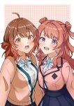  2girls :d :o absurdres ahoge blue_overskirt blue_ribbon blue_skirt blush border brown_cardigan brown_hair brown_jacket cardigan gakuen_idolmaster grid_background hair_intakes hanami_saki hanami_ume hatsuboshi_gakuen_school_uniform highres idolmaster jacket looking_at_viewer milk_(jhwk4885) multiple_girls neck_ribbon pleated_skirt ribbon school_uniform shirt siblings sisters skirt smile teeth two_side_up upper_body upper_teeth_only white_border white_shirt 