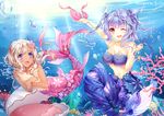  blonde_hair blue_hair clam coral covering covering_breasts fish_tail i-19_(kantai_collection) kantai_collection long_hair luoye mermaid_costume multiple_girls purple_eyes red_eyes ro-500_(kantai_collection) shell tail topless tri_tails twintails underwater 