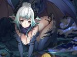  all_fours animal_ears aqua_hair bangs bare_back blue_eyes blue_wings breasts claws cleavage cropped dragon_girl dragon_horns dragon_tail dragon_wings from_above fur gradient_hair horns large_breasts looking_at_viewer moeru!_dragon_jiten moeru!_jiten multicolored_hair official_art original sidelocks solo tail wings yuu_(higashi_no_penguin) 