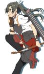  1girl black_thighhighs bow_(weapon) brown_eyes brown_gloves cowboy_shot feet_out_of_frame flight_deck gloves grey_hair hakama hakama_short_skirt hakama_skirt highres japanese_clothes kantai_collection kosode long_hair muneate partially_fingerless_gloves red_hakama red_skirt ribbon single_glove skirt solo tasuki thighhighs twintails weapon white_ribbon yaguchi_ryuu yugake zuikaku_(kancolle) 