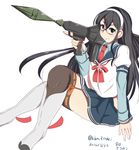  black_hair crossed_legs glasses green_eyes hair_ribbon hairband highres hip_vent kantai_collection long_hair ooyodo_(kantai_collection) ribbon rocket_launcher rpg school_uniform serafuku sitting solo thighhighs tress_ribbon weapon yasuda_katsunori 