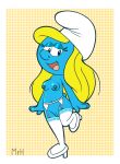blonde_hair blue_body blue_skin breasts clothing el_senor_erizo female footwear genitals hair hat headgear headwear hi_res humanoid legwear lingerie looking_at_viewer nipples not_furry nude phrygian_cap shoes smile smiling_at_viewer smurf smurfette solo stockings tail the_smurfs