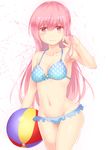  ball beachball bikini blue_bikini breasts collarbone cowboy_shot frilled_bikini frills hand_in_hair hata_no_kokoro long_hair looking_at_viewer lowleg lowleg_bikini medium_breasts navel pink_eyes pink_hair polka_dot polka_dot_bikini smile solo swimsuit touhou very_long_hair yonaga_(masa07240) 