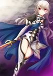  absurdres armor black_hairband black_panties cape eyebrows eyebrows_visible_through_hair female_my_unit_(fire_emblem_if) fire_emblem fire_emblem_if hair_between_eyes hairband highres holding holding_sword holding_weapon long_hair looking_at_viewer mamkute my_unit_(fire_emblem_if) panties red_eyes silver_hair solo sword underwear weapon zero-theme 