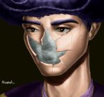  1boy absurdres afro artist_name brown_eyes colored_skin cracked_skin grey_skin highres jojo_no_kimyou_na_bouken jojolion madra_(album) nexevil426 no_mouth no_nose portrait purple_hair purple_shirt shirt tooru_(jojolion) 