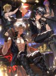  4boys absurdres alcohol bandages bandana barrel beer_mug belt bird black_gloves black_hair black_pants blonde_hair blue_eyes blue_hair boots closed_eyes closed_mouth coin crossed_arms crossed_legs cup dark-skinned_male dark_skin earrings ensemble_stars! eyepatch fingerless_gloves flower gloves grin hair_between_eyes hakaze_kaoru hat headband highres holding holding_cup jacket jewelry knee_boots looking_at_viewer male_focus mug multiple_boys necklace ogami_koga open_clothes otogari_adonis pants pectorals pirate pirate_hat purple_hair red_eyes red_flower sakuma_rei_(ensemble_stars!) scar shirt short_hair sitting sleeveless sleeveless_shirt smile toned toned_male treasure_chest vest watercraft watermark white_hair white_shirt yellow_eyes zhuowang233 