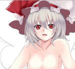  bad_id bad_twitter_id bat_wings breasts collarbone commentary_request eyelashes fang from_below hat hat_ribbon looking_at_viewer nude open_mouth red_eyes red_ribbon remilia_scarlet ribbon short_hair silver_hair small_breasts smile solo touhou upper_body utakata_(kochou_no_yume) wings 