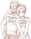  1girl blush_stickers clothes_writing english face_mask jen-jen_rose mask matching_outfit mechanical_halo mercy_(overwatch) monochrome overwatch shirt soldier:_76_(overwatch) t-shirt 