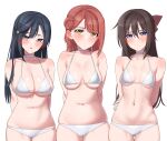  3girls alternate_costume bare_arms bikini black_hair blue_eyes braid breasts brown_hair cleavage closed_mouth collarbone commentary_request commission dot_mouth grey_eyes hair_between_eyes hair_bun hair_ornament hair_ribbon hairclip highres long_hair looking_at_viewer love_live! love_live!_nijigasaki_high_school_idol_club medium_breasts multiple_girls nasuno_(nasuno42) navel open_mouth osaka_shizuku ribbon sideboob sidelocks simple_background skeb_commission small_breasts standing stomach swimsuit uehara_ayumu underboob white_background white_bikini yellow_eyes yuki_setsuna 