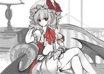 bare_legs bat_wings bow crossed_legs hand_on_own_chin hand_on_thigh hat hat_ribbon leg_lock looking_at_viewer on_bed puffy_sleeves red_bow red_eyes red_ribbon remilia_scarlet ribbon room short_hair sitting sitting_on_bed sketch solo touhou utakata_(kochou_no_yume) wings 