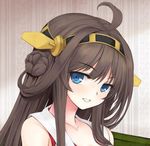  antennae blue_eyes brown_hair commentary_request kantai_collection kongou_(kantai_collection) long_hair looking_at_viewer lowres smile solo teeth utakata_(kochou_no_yume) very_long_hair 