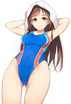  arms_up ass_visible_through_thighs blush breasts brown_eyes brown_hair closed_mouth collarbone competition_swimsuit covered_navel cowboy_shot drying drying_hair idolmaster idolmaster_cinderella_girls long_hair looking_at_viewer medium_breasts nitta_minami one-piece_swimsuit simple_background smile solo standing swimsuit towel wet white_background yuuhi_(ages) 