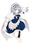  blue_bow blue_eyes blue_skirt bow braid commentary_request frilled_skirt frills izayoi_sakuya knife legs looking_to_the_side maid maid_headdress outstretched_arm puffy_sleeves running silver_bow silver_hair skirt solo touhou utakata_(kochou_no_yume) wrist_cuffs 