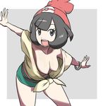  bangs beanie black_eyes black_hair blunt_bangs bracelet breasts bule collarbone downblouse extended_downblouse hanging_breasts hat jewelry looking_at_viewer medium_breasts mizuki_(pokemon) nipples no_bra open_mouth outstretched_arms oversized_clothes oversized_shirt pokemon pokemon_(game) pokemon_sm red_hat shirt short_hair short_shorts shorts solo t-shirt tied_shirt 