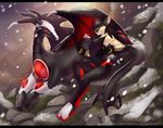  anthro canine clothed clothing dragon duo female gizmo0sue hair hair_over_eye hi_res horn male mammal outside red_eyes smile snow wings 