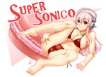  barefoot bikini blush breasts character_name cleavage commentary_request food full_body headphones jewelry kumatyu large_breasts long_hair looking_at_viewer macaron navel necklace nitroplus open_mouth pink_hair red_bikini red_eyes revision side-tie_bikini solo super_sonico swimsuit 