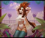 anthro areola breasts canine clothed clothing eyes_closed female gizmo0sue hands_above_head legwear mammal navel nipples open_shirt pussy solo standing thigh_highs 