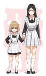  :d alternate_costume apron arm_at_side bangs black_dress black_footwear black_hair blonde_hair blue_eyes blunt_bangs breasts closed_mouth dress enmaided full_body girls_und_panzer gufu_(guffuumu) hair_between_eyes hair_ornament hand_on_hip height_difference high_heels katyusha kneehighs lace-trimmed_apron legs_apart long_hair long_sleeves looking_at_another looking_at_viewer looking_to_the_side maid multiple_girls nonna open_mouth pinafore_dress school_uniform shoes short_dress short_hair silhouette small_breasts smile soviet_union standing white_apron white_legwear 