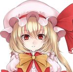  blonde_hair commentary_request flandre_scarlet hat hat_ribbon looking_at_viewer lowres open_mouth puffy_sleeves red_eyes red_ribbon ribbon side_ponytail smile solo touhou utakata_(kochou_no_yume) yellow_ribbon 