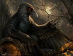  anthro avian beak bird black_feathers corvid crow feathers jack_o&#039;_lantern looking_at_viewer moon nude outside pumpkin red_eyes solo tree wings 