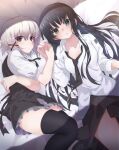  2girls absurdres black_dress black_eyes black_hair black_necktie black_thighhighs blush closed_mouth collarbone collared_shirt commentary_request cowboy_shot dress dutch_angle eyelashes eyes_visible_through_hair film_grain gabanborjarnon green_eyes grey_hair hair_between_eyes hair_ornament hair_spread_out hand_up highres holding_hands lens_flare long_hair long_sleeves looking_at_viewer lying multiple_girls natsume_ai natsume_shizuku necktie on_back parted_lips sakura_no_toki sakura_no_uta shirt short_hair short_sleeves sleeveless sleeveless_dress thighhighs thighs very_long_hair white_shirt x_hair_ornament zettai_ryouiki 