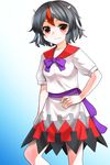  black_hair bow bowtie dress hand_on_hip highres horns kijin_seija looking_at_viewer mono_(moiky) multicolored_hair print_dress puffy_short_sleeves puffy_sleeves red_eyes sash short_hair short_sleeves solo streaked_hair touhou 