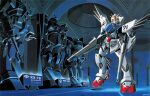  1980s_(style) 1990s_(style) beam_rifle blue_eyes character_name commentary_request dome dual_wielding energy_gun f91_gundam full_body gelgoog_s_char_custom glint gundam gundam_f91 highres holding holding_shield holding_weapon indoors mecha mecha_focus mobile_suit mobile_suit_gundam museum no_humans official_art ookawara_kunio retro_artstyle robot rx-78-2_gundam scan science_fiction sculpture shield signature statue third-party_source traditional_media v-fin weapon zaku_ii_s_char_custom 