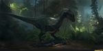  claws dinosaur feathers foliage human inspecting invalid_tag jurassic_park larger_male male mammal quills raptor size_difference smaller_male theropod 