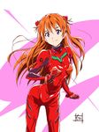  bangs blue_eyes bodysuit bracer breasts clenched_hands closed_mouth cowboy_shot gloves headgear highres leaning_forward legs_apart light_smile long_hair looking_at_viewer neon_genesis_evangelion nii_manabu number orange_hair pilot_suit plugsuit purple_background signature skin_tight skinny small_breasts smile solo souryuu_asuka_langley standing turtleneck two_side_up very_long_hair white_background 