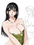  1girl :o absurdres armpit_crease black_hair book breasts collarbone commentary eyelashes green_eyes highres holding holding_book joy_boy large_breasts long_hair looking_to_the_side multiple_views nico_robin nude one_piece sketch_inset standing teeth upper_teeth_only 