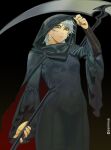  1girl black_cloak black_robe chainsaw_man cloak cosplay crying crying_with_eyes_open death_(entity) grim_reaper grim_reaper_(cosplay) highres holding holding_scythe looking_at_viewer medium_hair messy_hair ringed_eyes robe sammuij scythe simple_background tears white_haired_girl_(chainsaw_man) 