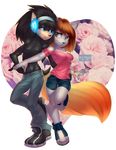  absurd_res anthro canine clothed clothing duo female fox gizmo0sue half-closed_eyes headphones hi_res mammal simple_background smile standing 