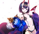  breasts chromatic_aberration cup fangs fate/grand_order fate_(series) gourd hair_ornament horns japanese_clothes kimono looking_at_viewer navel off_shoulder oni oni_horns open_clothes open_kimono open_mouth purple_eyes purple_hair sakazuki short_hair shunin shuten_douji_(fate/grand_order) small_breasts smile solo thighs 