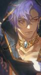  1boy absurdres bishounen closed_mouth collarbone dark-skinned_male dark_skin earrings ensemble_stars! eyelashes gem hair_between_eyes highres hood hood_up jewelry light_particles looking_at_viewer male_focus necklace orange_eyes otogari_adonis purple_hair sample_watermark short_hair solo sparkle upper_body watermark zhuowang233 