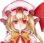  blonde_hair commentary_request flandre_scarlet hat hat_ribbon looking_at_viewer lowres open_mouth puffy_sleeves red_eyes red_ribbon ribbon side_ponytail smile solo touhou utakata_(kochou_no_yume) yellow_ribbon 