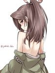  bare_back brown_eyes from_behind japanese_clothes kantai_collection light_brown_hair looking_at_viewer looking_back off_shoulder rabochicken remodel_(kantai_collection) simple_background solo twitter_username undressing white_background zuihou_(kantai_collection) 