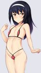  bare_arms bare_shoulders bikini black_hair blush breasts brown_eyes collarbone expressionless eyebrows eyebrows_visible_through_hair girls_und_panzer groin hairband kuragari lavender_background legs_together long_hair looking_at_viewer micro_bikini navel red_bikini reizei_mako shiny shiny_skin simple_background small_breasts solo standing stomach swimsuit 