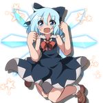  blue_dress blue_eyes blue_hair bow bowtie cirno do_(4-rt) dress fang highres ice ice_wings open_mouth sleeveless sleeveless_dress solo star touhou wings 