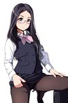  black-framed_eyewear black_hair black_legwear black_panties black_skirt black_vest bow bowtie buttons closed_mouth collared_shirt crotch_seam expressionless glasses grey_eyes highres leg_up long_hair long_sleeves looking_at_viewer matsunaga_kouyou office_lady original panties panties_under_pantyhose pantyhose pantyshot pantyshot_(standing) pencil_skirt pink_bow pink_neckwear pocket semi-rimless_eyewear shirt simple_background skirt skirt_set solo standing standing_on_one_leg under-rim_eyewear underwear upskirt vest white_background white_shirt wing_collar 