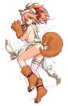  animal_ears bed_sheet breasts eyebrows eyebrows_visible_through_hair fate/extra fate/grand_order fate_(series) fox_ears fox_tail gloves hair_ornament large_breasts looking_at_viewer lying maid_headdress paw_gloves paw_shoes paws pink_hair ponytail shoes short_hair single_thighhigh solo tail tamamo_(fate)_(all) tamamo_cat_(fate) thighhighs white_legwear yellow_eyes yurizuka_(sergeant_heart) 