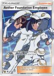  1boy 1girl :o aether_foundation_employee aether_foundation_uniform artist_name blue_hair brown_hair buttons card_(medium) character_name company_name copyright_name copyright_notice dark-skinned_female dark-skinned_male dark_skin elbow_gloves english_text gloves grey_eyes hand_on_headwear hat jumpsuit official_art open_mouth pants pantyhose pokemon pokemon_card pokemon_sm pokemon_tcg pouch short_hair short_sleeves smile take_(illustrator) third-party_source trading_card white_gloves white_hat white_jumpsuit white_pants 