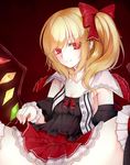  alternate_costume blonde_hair blush bow breasts cleavage commentary_request flandre_scarlet frilled_skirt frills hair_bow looking_at_viewer miniskirt panties pantyshot red_eyes side_ponytail skirt skirt_lift small_breasts solo spread_legs thighhighs thighs touhou underwear utakata_(kochou_no_yume) wrist_cuffs 