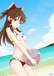  artist_name ball bare_arms bare_shoulders beach beachball bikini bow breasts brown_eyes brown_hair cleavage closed_mouth cloud collarbone cowboy_shot dated day expressionless eyebrows eyebrows_visible_through_hair frilled_bikini frilled_bow frills gecotan hair_bow hair_tubes hakurei_reimu holding holding_ball lighthouse long_hair looking_at_viewer medium_breasts mismatched_bikini navel outdoors ponytail red_bikini_bottom red_bow ribbon-trimmed_bikini sand shore sidelocks sky solo standing stomach summer swimsuit thighs touhou transparent white_bikini_top yin_yang 