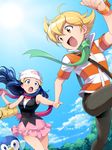  :d :o bag bare_arms black_blouse blonde_hair blouse blue_eyes blue_hair blue_sky blush breasts cloud day dutch_angle floating_hair frilled_skirt frills gen_4_pokemon green_scarf grey_pants hair_between_eyes hair_ornament hakka_(88hk88) hat hikari_(pokemon) holding_hands jun_(pokemon) kneehighs long_hair looking_at_another medium_breasts miniskirt open_mouth outdoors outstretched_arms pants pink_legwear pink_scarf pink_skirt piplup pokemon pokemon_(creature) pokemon_(game) pokemon_dppt popped_collar pulling running scarf shirt short_sleeves sidelocks skirt sky sleeveless smile striped striped_shirt sun surprised thigh_gap tree wrist_cuffs yellow_eyes 
