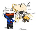  :d ^_^ blonde_hair chibi closed_eyes face_mask flying gameplay_mechanics gloves head_mounted_display high_ponytail imminent_hug jacket lowres mask mechanical_halo mechanical_wings mercy_(overwatch) open_mouth overwatch ponytail scar short_hair simple_background smile soldier:_76_(overwatch) visor white_hair wings yeowol 