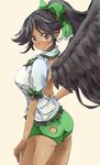  ass ass_cutout backless_outfit black_hair black_wings bow breasts brown_eyes dark_skin feathered_wings frilled_shirt frills hair_bow hair_ribbon hand_on_hip large_breasts long_hair looking_at_viewer looking_back paw_print ponytail reiuji_utsuho ribbon shirt short_shorts shorts smile solo tan touhou wings yohane 