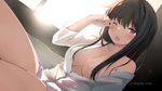  2016 ;o artist_name bad_id bad_pixiv_id bangs black_hair blush breasts buttons cleavage collarbone collared_shirt dress_shirt dutch_angle highres indoors kaetzchen large_breasts lens_flare long_hair long_sleeves looking_at_viewer morning naked_shirt no_bra off_shoulder on_bed one_eye_closed original purple_eyes shirt sitting solo unbuttoned unbuttoned_shirt window wiping_eyes 