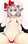  bikini blush bow breasts commentary_request hand_on_breast hat navel red_bikini red_bow red_eyes remilia_scarlet small_breasts solo sweatdrop swimsuit touhou utakata_(kochou_no_yume) wings 